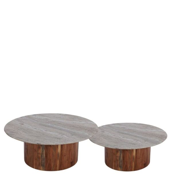 2 tables basses plateau marbre pieds en acacia