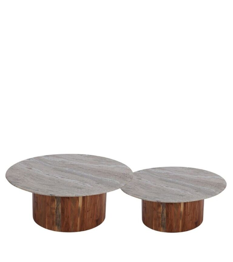 2 tables basses plateau marbre pieds en acacia