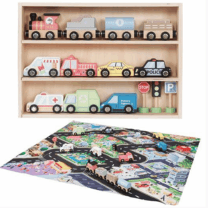 set véhicules bois et tapis