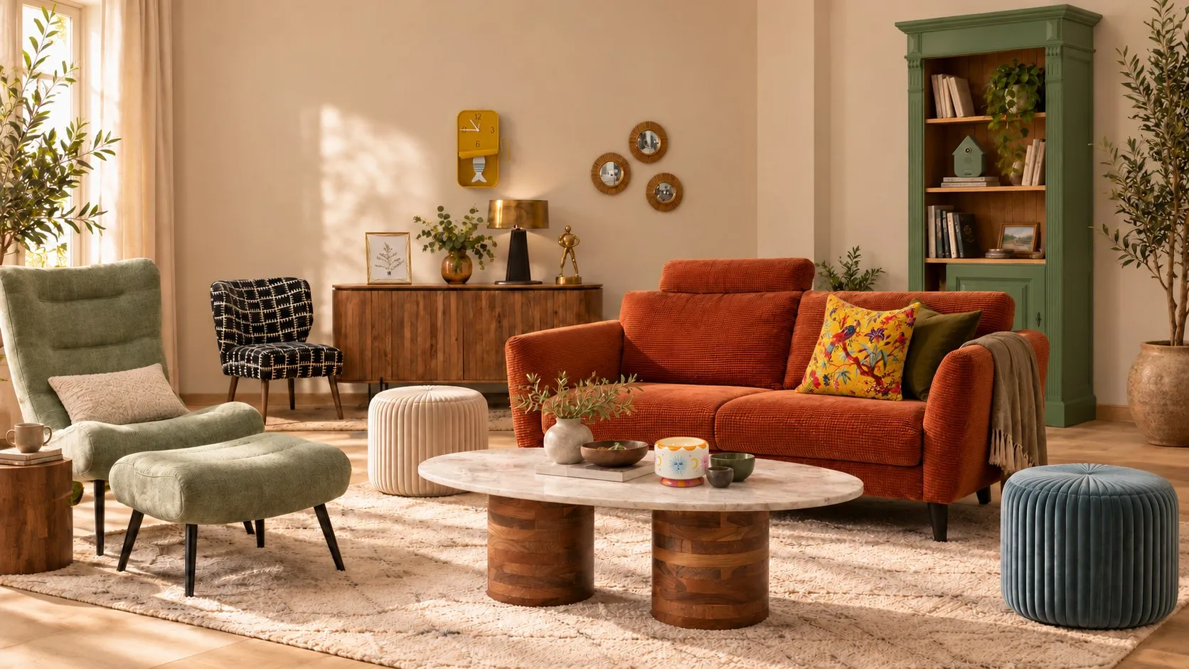 Salon d’automne meublé et décoré avec des produits du Grenier Malin : canapé terracotta, fauteuil vert sauge, buffet en bois, bibliothèque verte et horloge sardine